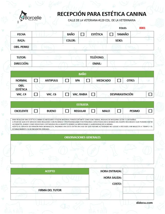 Formato para Recepción Canina, Listo para Imprimir