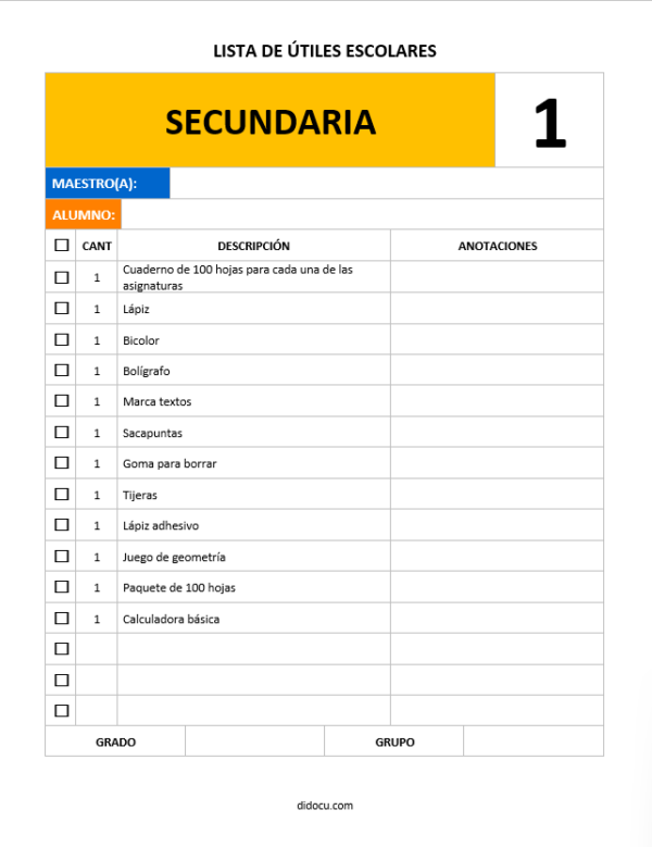Plantilla de Lista de Útiles Escolares de Secundaria | didocu