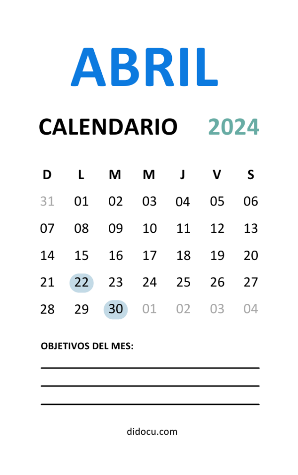 Plantilla de Mini Calendario de Abril 2024 en PDF [GRATIS] | didocu