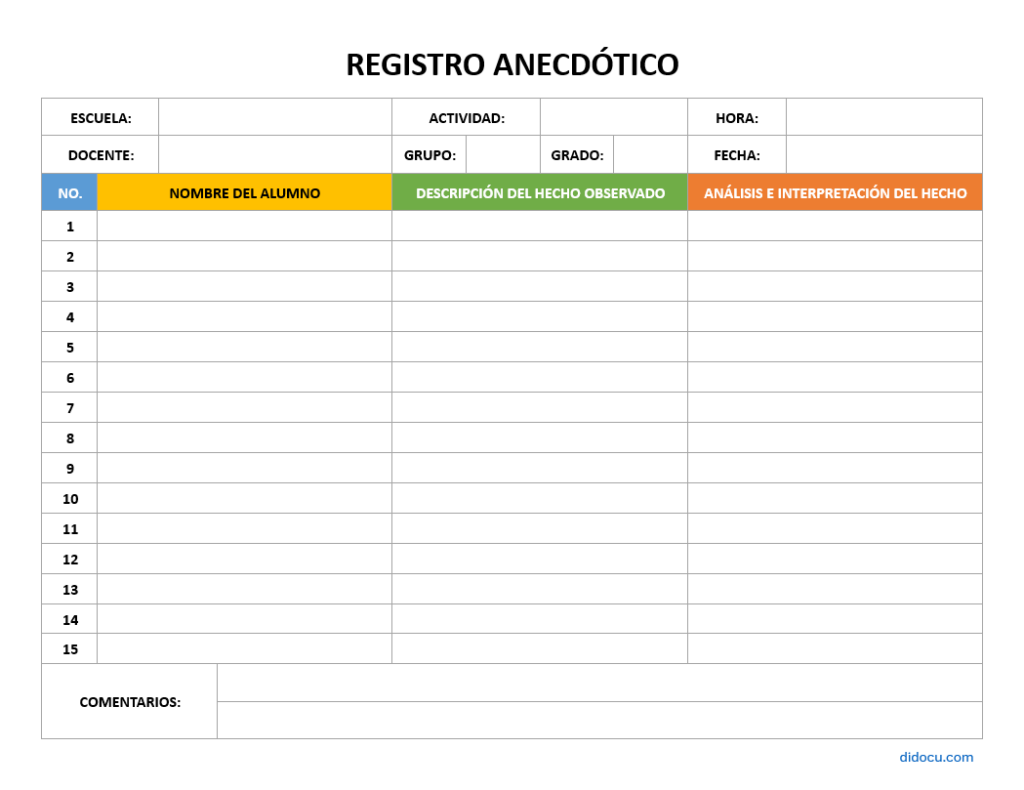 Ejemplo de Formato de Registro Anecdótico en Word GRATIS