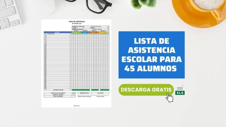 Formato de Lista de Asistencia Escolar en Excel para 45 Alumnos