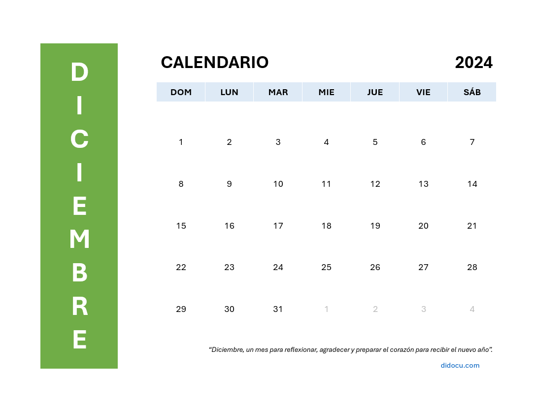 Plantilla de Calendario Diciembre 2024 en Word y PDF Gratis | didocu