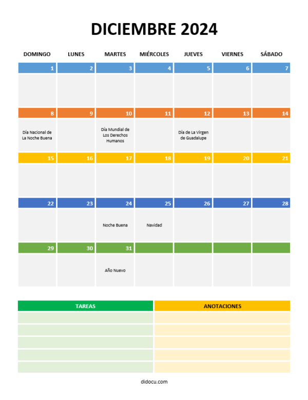 Plantilla de Calendario de Diciembre 2024 Vertical en Word | didocu