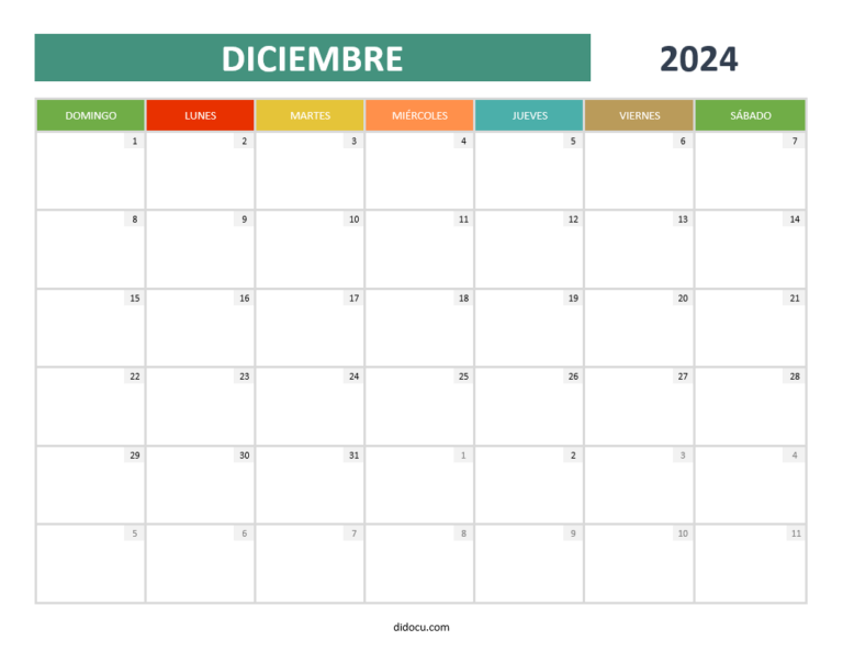 Calendarios Diciembre 2024 para Descargar e Imprimir GRATIS | didocu