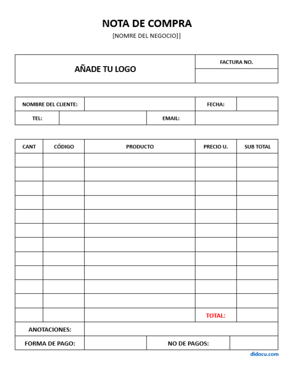 Plantilla de Nota de Compra en Word, PDF y Excel Editable [GRATIS] | didocu