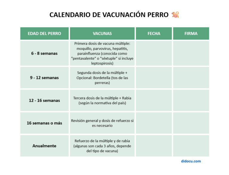 Plantilla de Calendario de Vacunación para Perros GRATIS | didocu