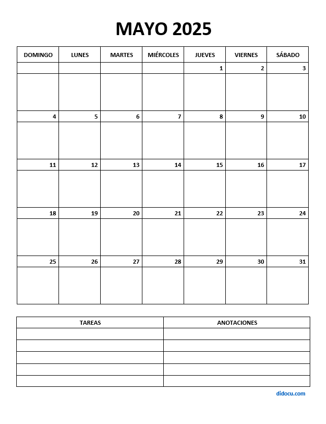 Imprimir Calendario de Mayo 2025 Vertical GRATIS