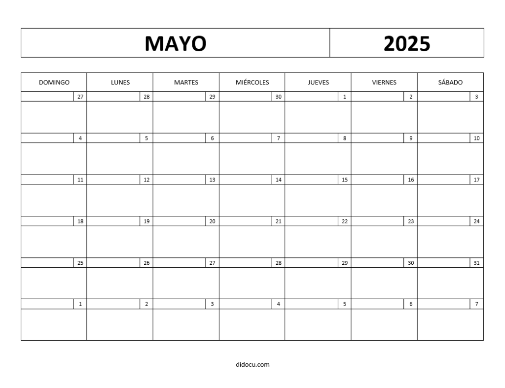 Ejemplo de Calendario Mayo 2025 Horizontal
