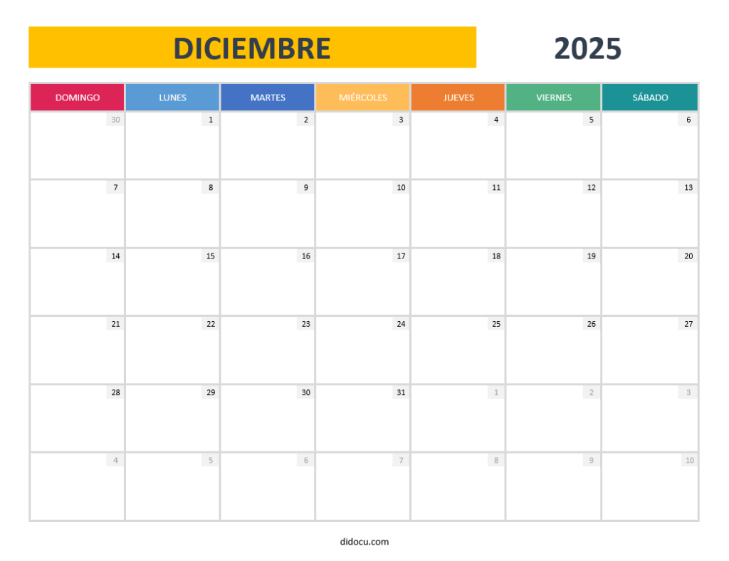 Ejemplo Imprimible de Calendario Diciembre 2025