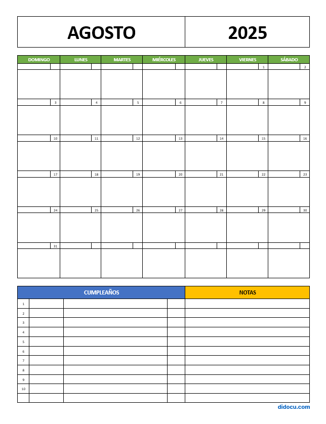 Imprimir Calendario de Agosto 2025 con Agenda