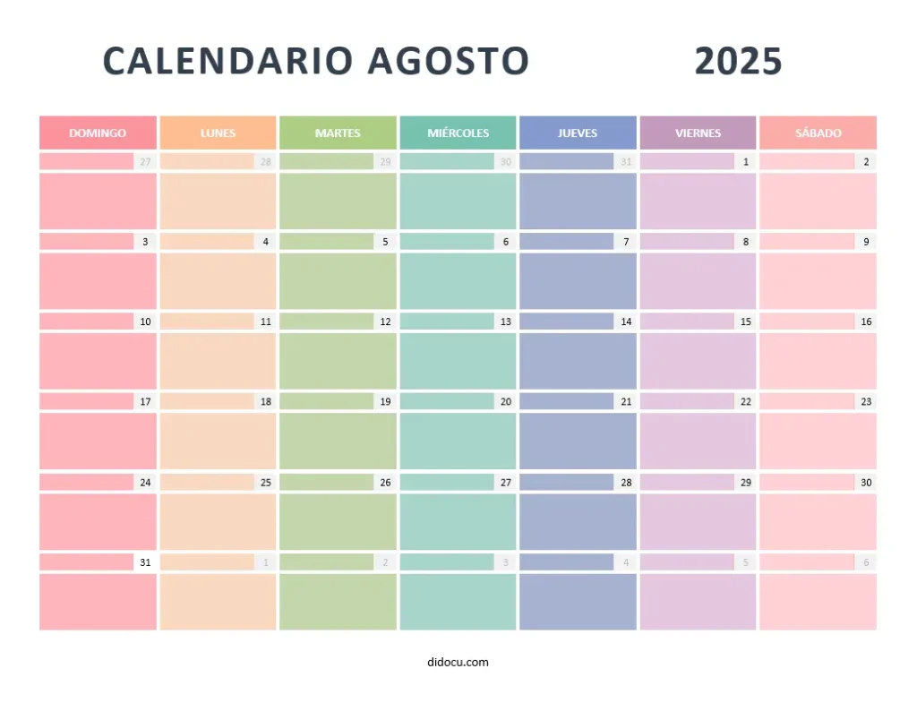 Imprimir Calendario de Agosto 2025 Gratis