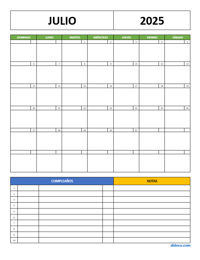 Imprimir Calendario de Julio 2025 con Agenda