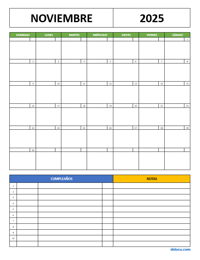 Imprimir Calendario de Noviembre 2025 con Agenda