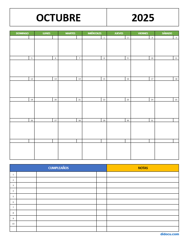Imprimir Calendario de Octubre 2025 con Agenda
