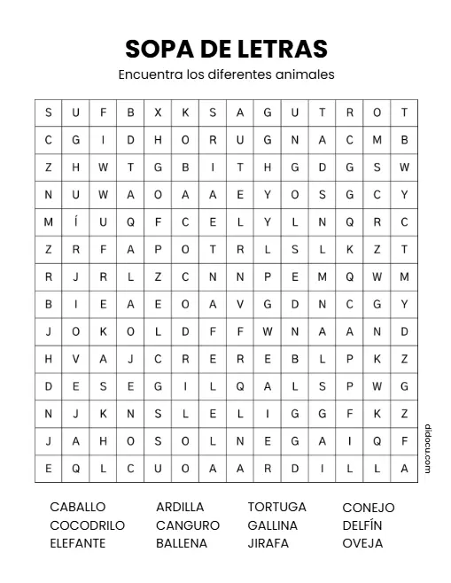 Descargar Plantilal de Sopa de Letras de Animales para Imprimir