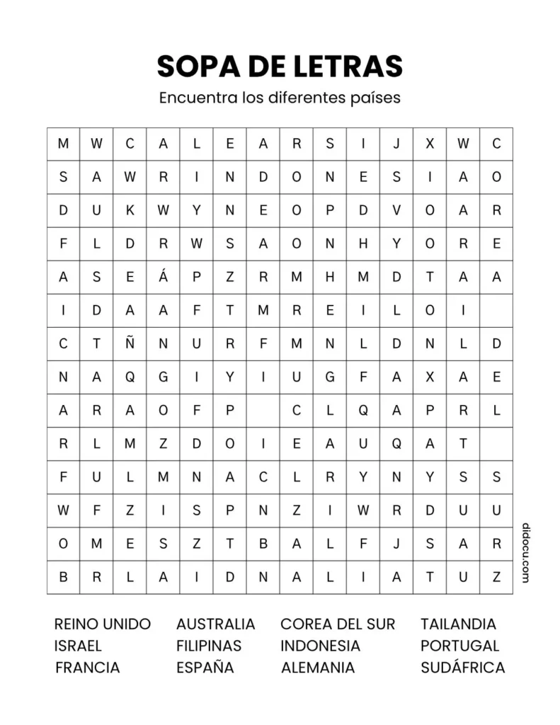 Descargar Sopa de Letras de Países para Niños