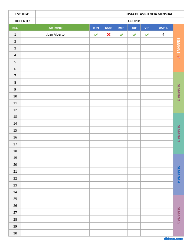 Plantilla de Asistencia para 5 Semanas en Word