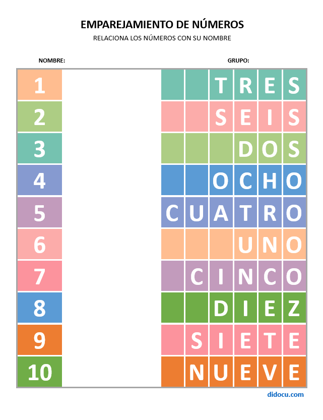 Conecta los números del 1 a 10 con sus nombres
