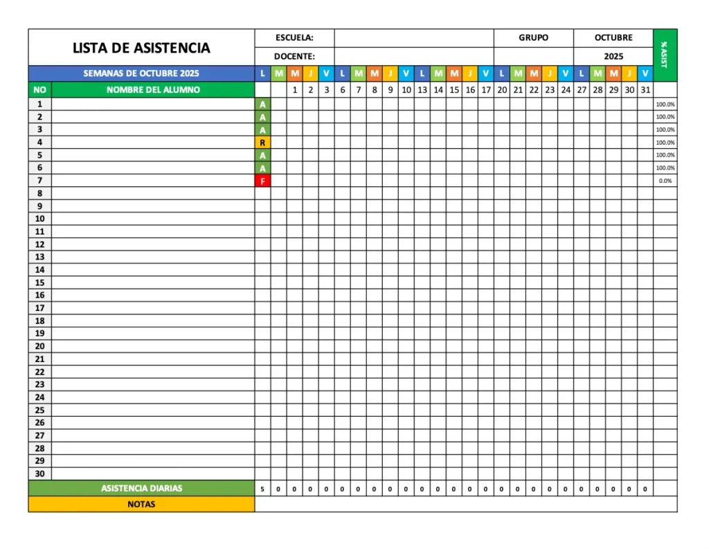 Ejemplo de Lista de Asistencia de Octubre en Excel