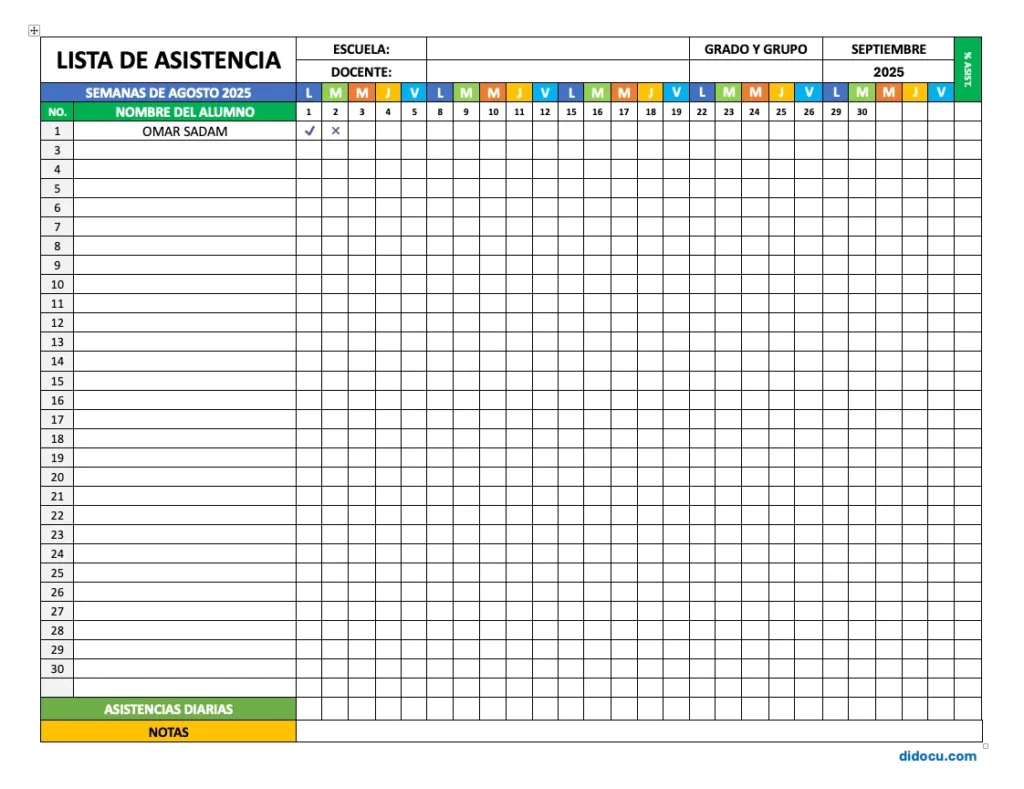 Imprimir Lista de Asistencia Mensual de Septiembre en Word