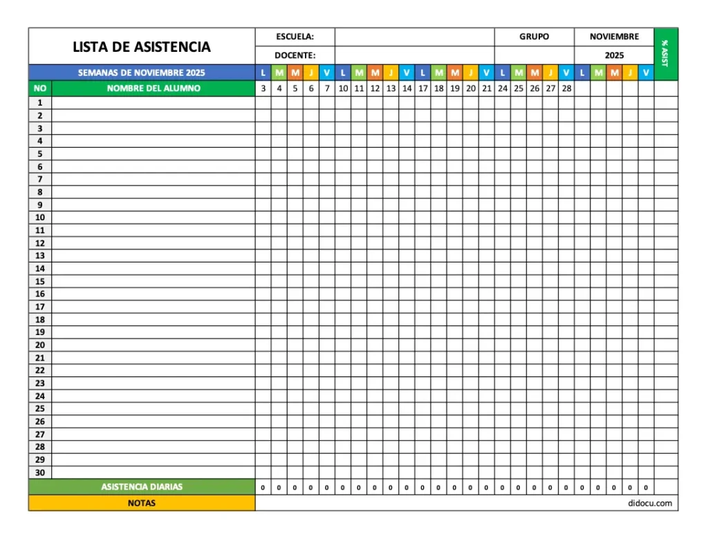 Ejemplo de Lista de Asistencia Escolar para Noviembre 30 Alumnos