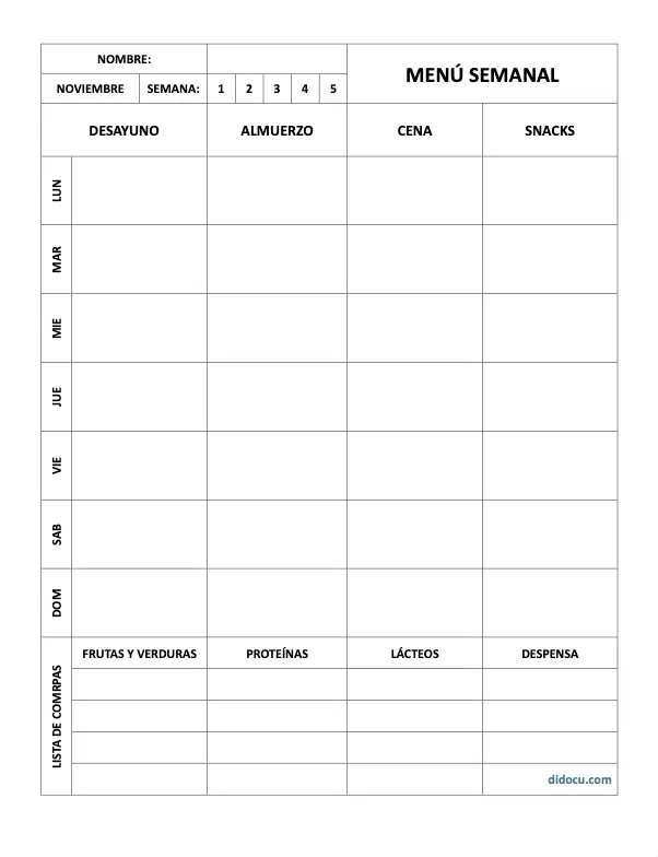 Plantilla para Escribir un Menú Semanal