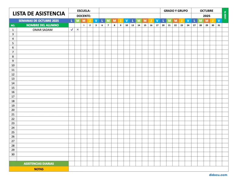 Control de Asistencia para el Mes de Octubre