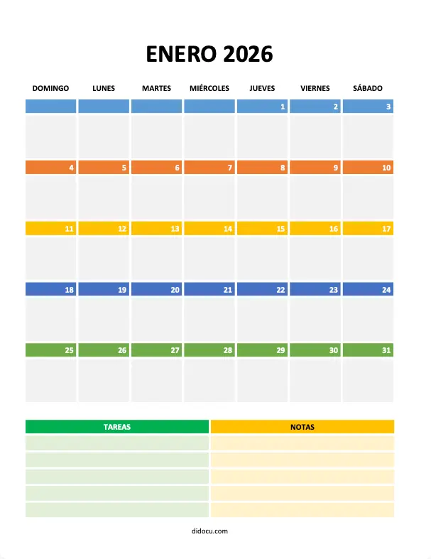 Calendarios de Enero 2026 en Word y PDF Gratis | didocu