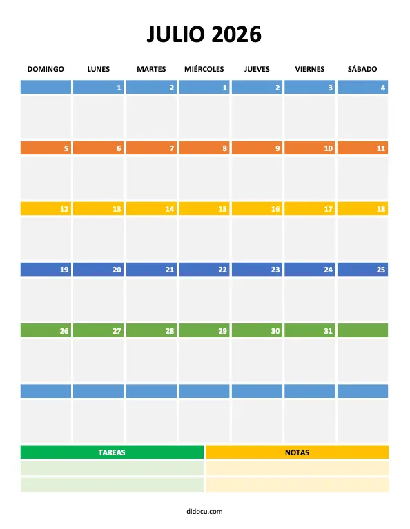 Descargar Calendario a Color de Julio 2026