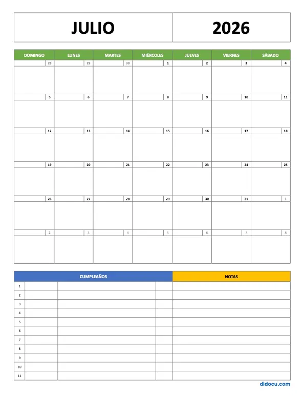 Descargar Calendario de Julio 2026 en Word
