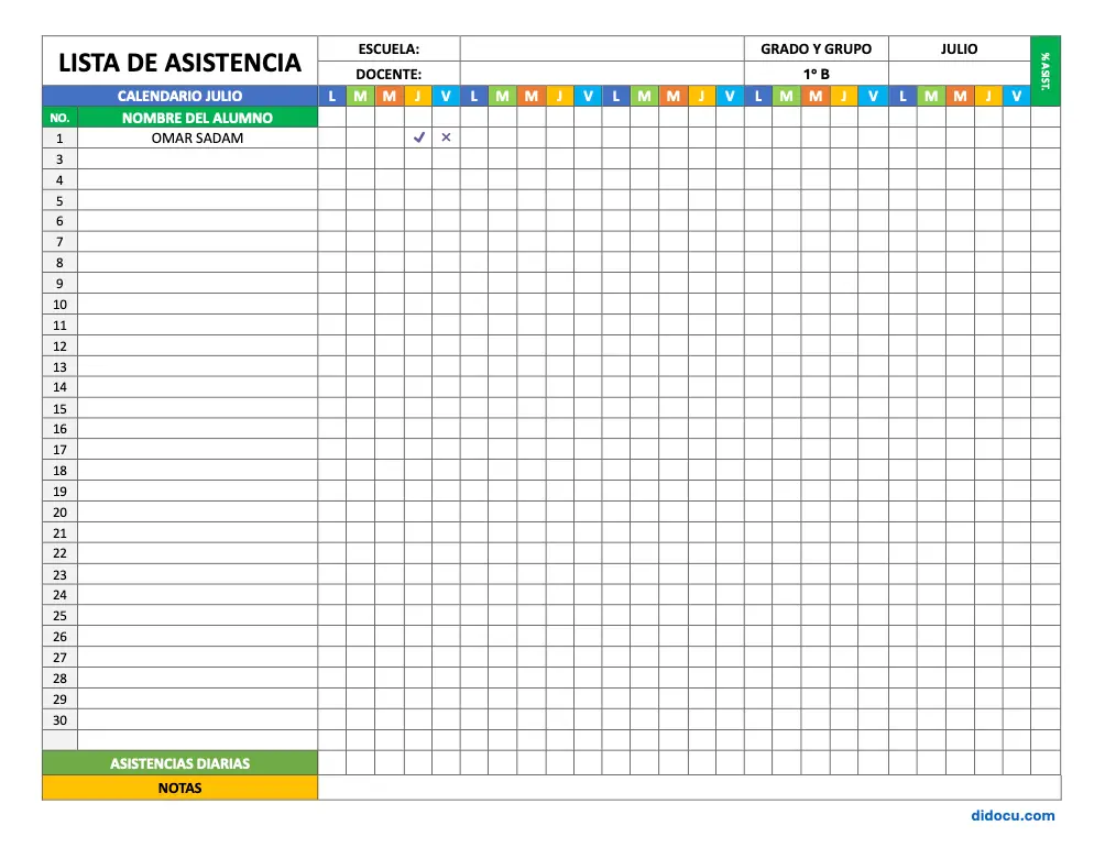 Lista de Asistencia Mensual de Julio Editable en Word y Excel