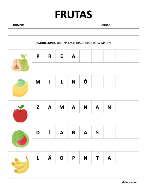 Hoja de Trabajo de Frutas para Lectoescrituras en Word
