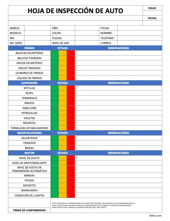 Imprimir Formato para Revisión Automotriz en PDF GRATIS