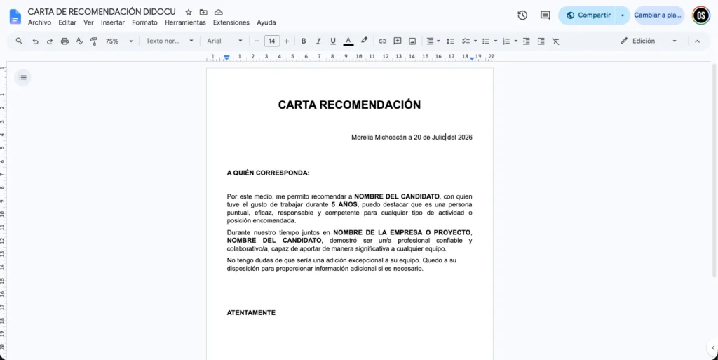 Ejemplo Editable de Carta de Recomendación para Google Docs