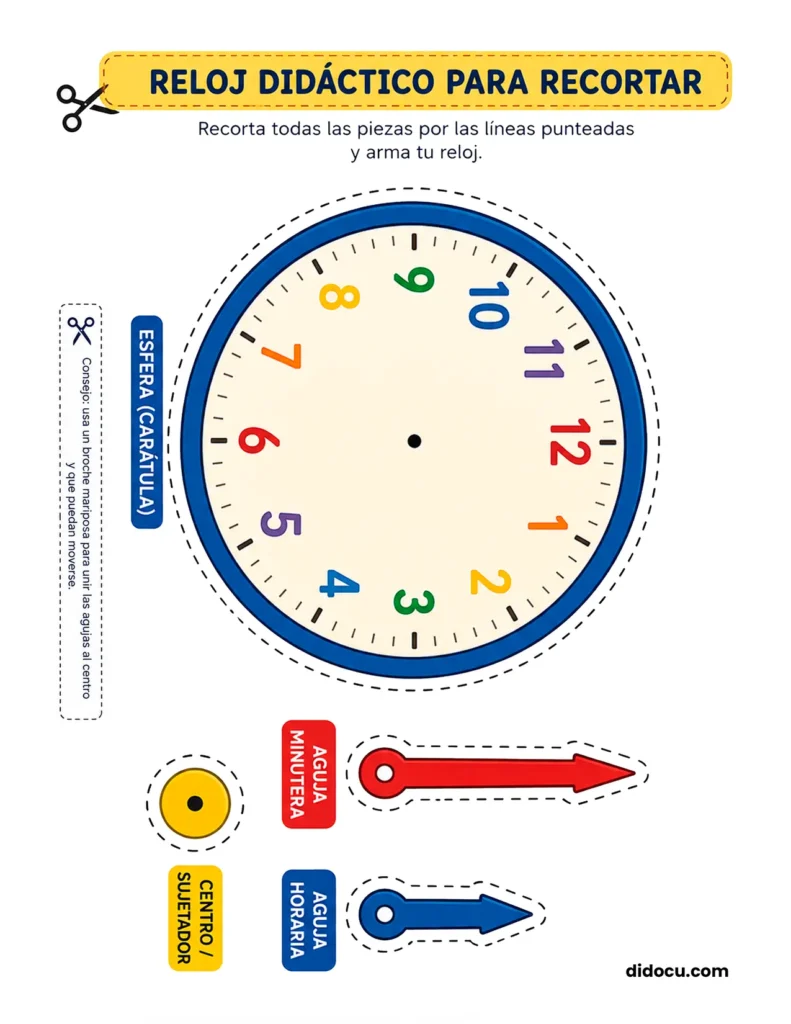Reloj Didáctico para Niños, Diseñado a Color y Listo para Armar