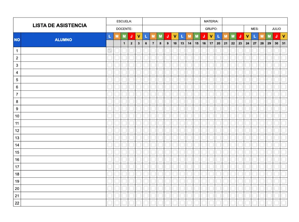 Formato en Sheets para Pasar Lista de Julio