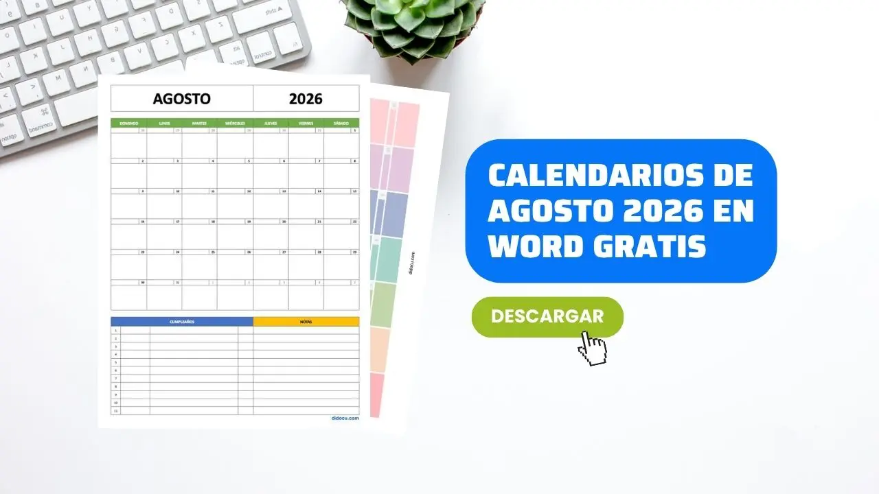 Descargar Calendarios de Agosto 2026 en Word y PDF Gratis