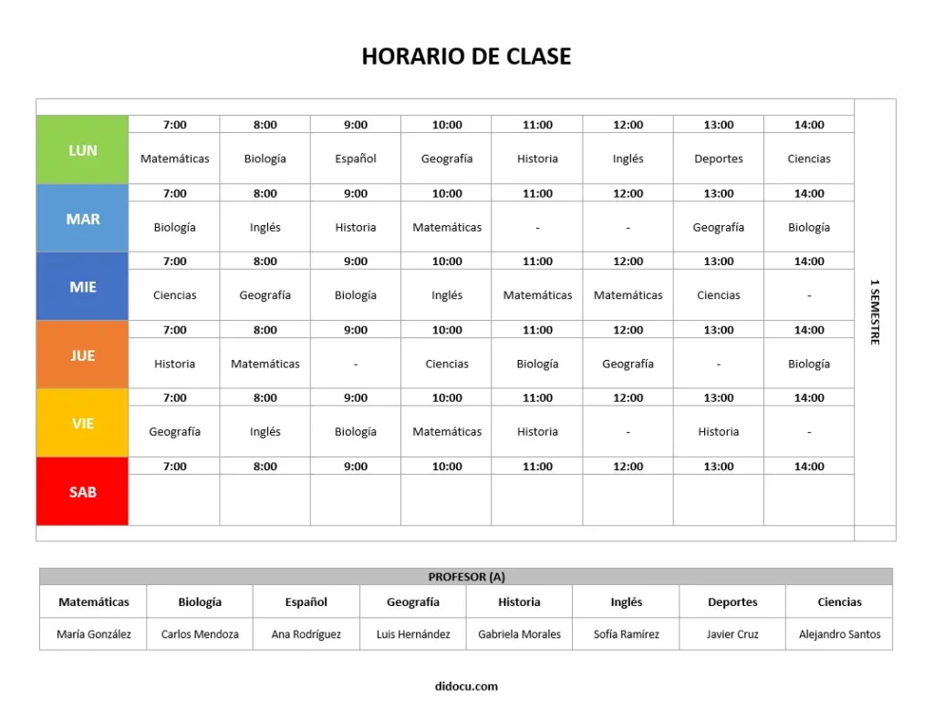 Horario para Preparatoria en Word Horizontal