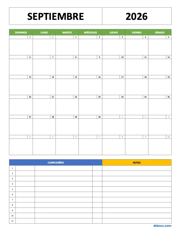Ejemplos de Calendarios de Septiembre en Word