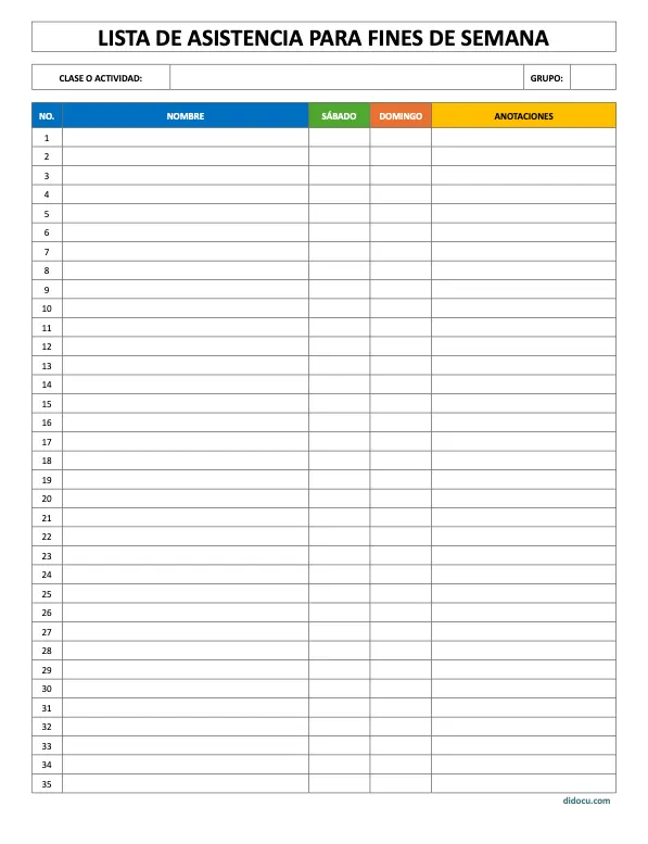 Formato de Registro de Asistencia par Fines de Semana