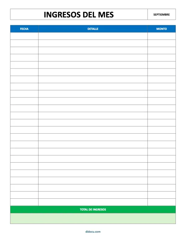 Formato para Registrar Ingresos del Mes para Imprimir