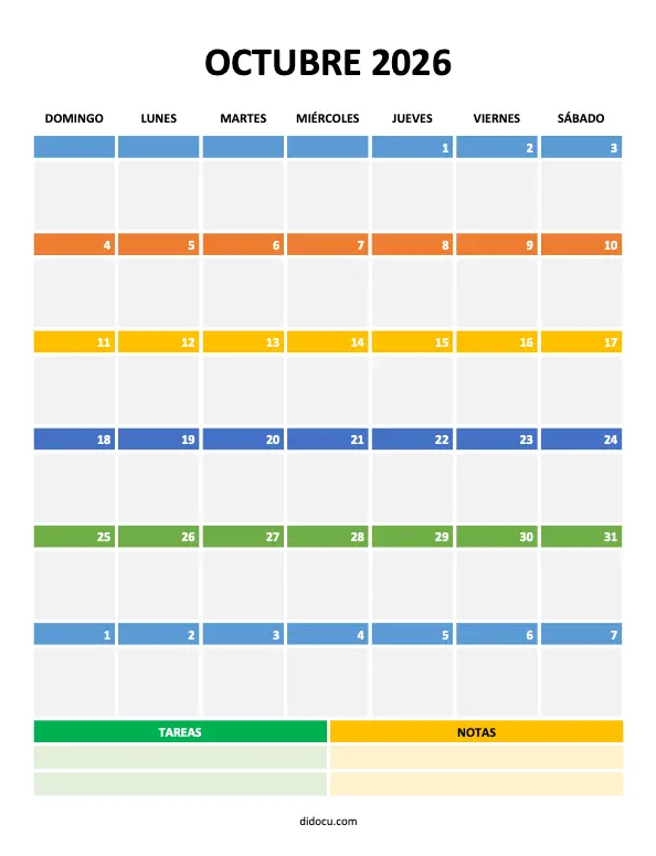 Calendarios de Octubre 2026 en Word y PDF para Imprimir Gratis