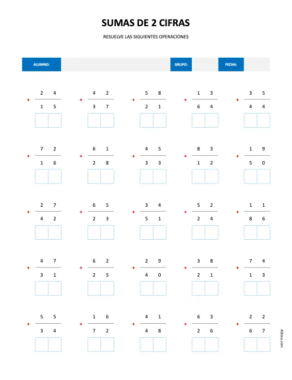 Ejercicios de Sumas de 2 Cifras en PDF para Imprimir