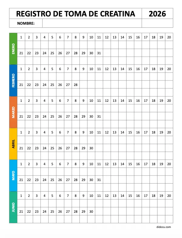 Formato de Seguimiento Diario de Toma de Creatina para Imprimir