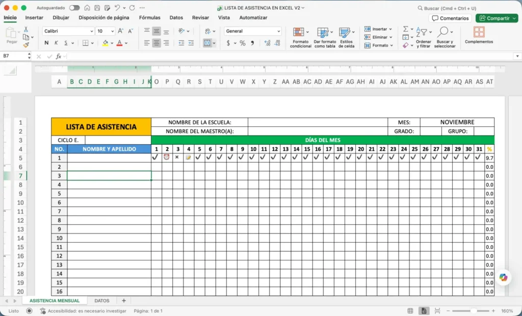 Ejemplo de Lista de Asistencia Horizontal