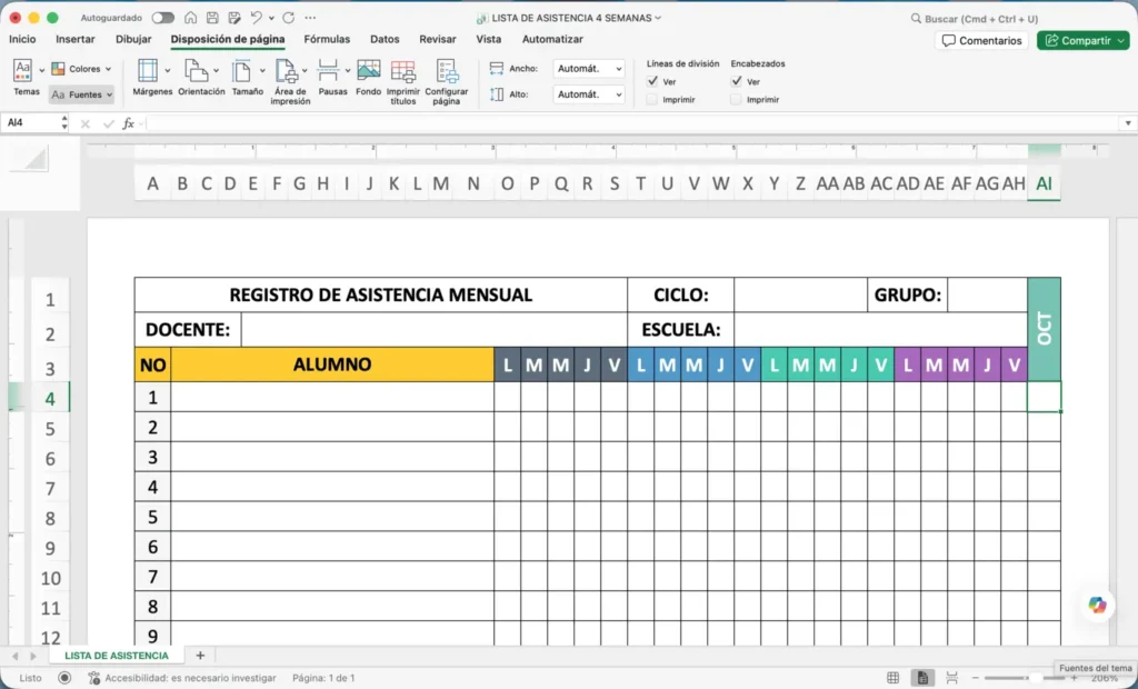 Formato de Asistencia para 4 semanas escolar